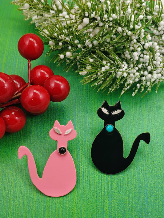 Powdercoated pink and black cat pins and cat brooches