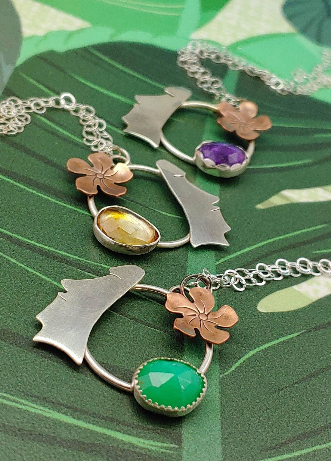 Moai head necklaces in amethyst, citrine, chrsoprase