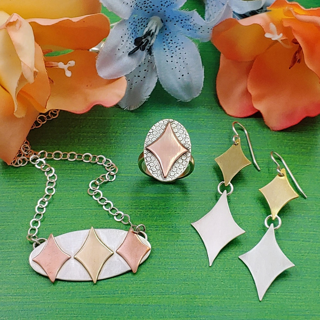 retro diamond necklace, earrings, and ring