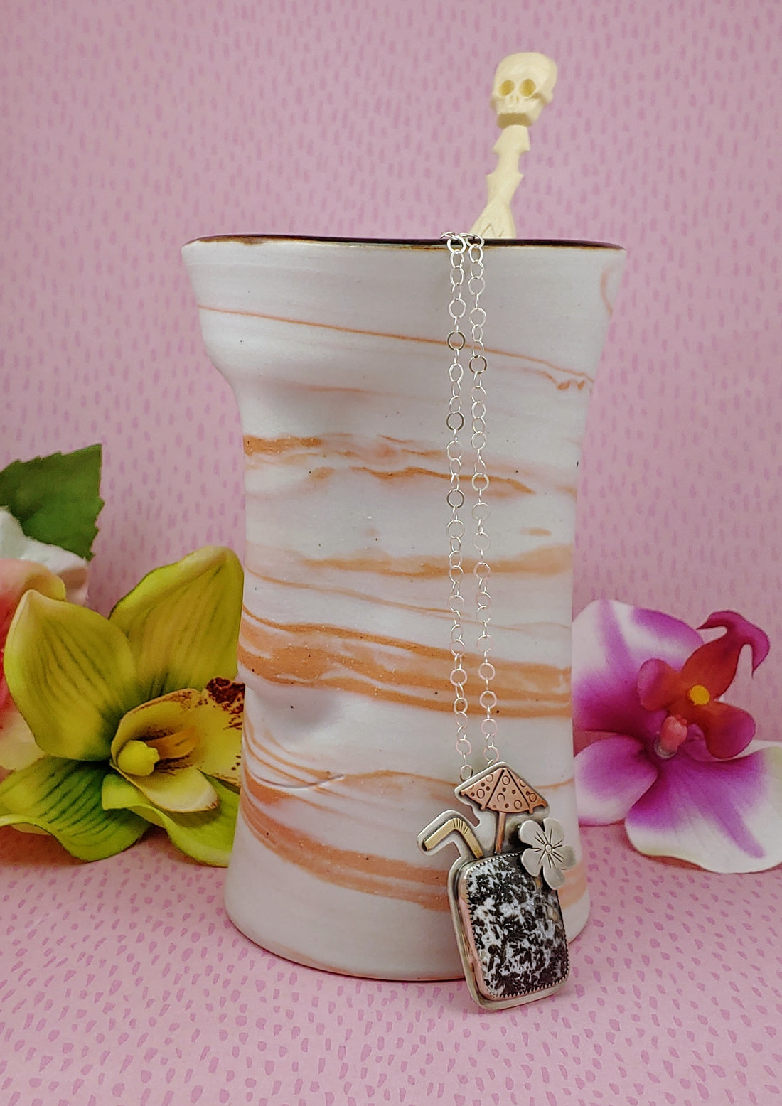 Orange and white tiki mug by Johnny Velour and Smashfire Designs tiki drink necklace