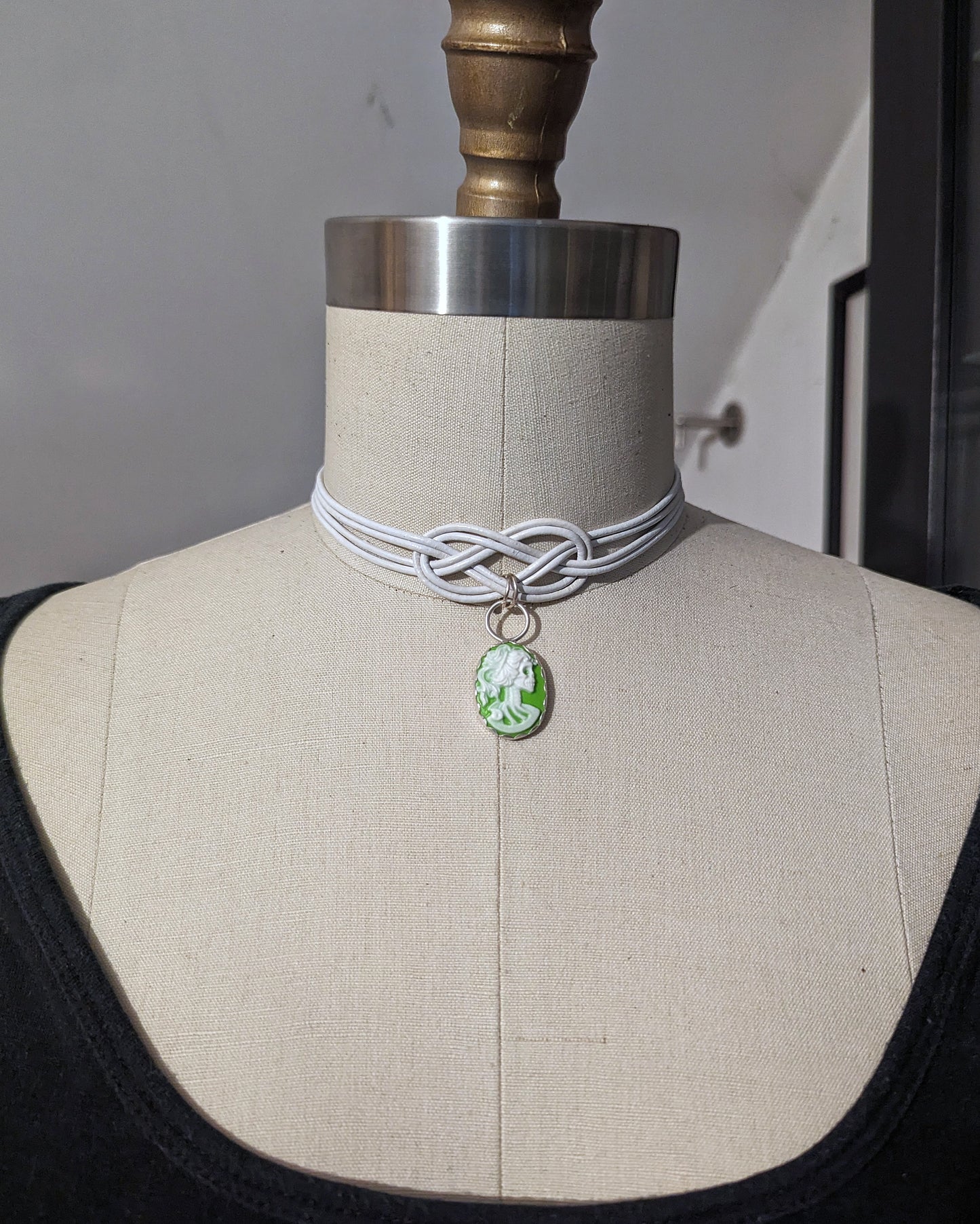 Lime Green Cameo Skull on White Cord - custom