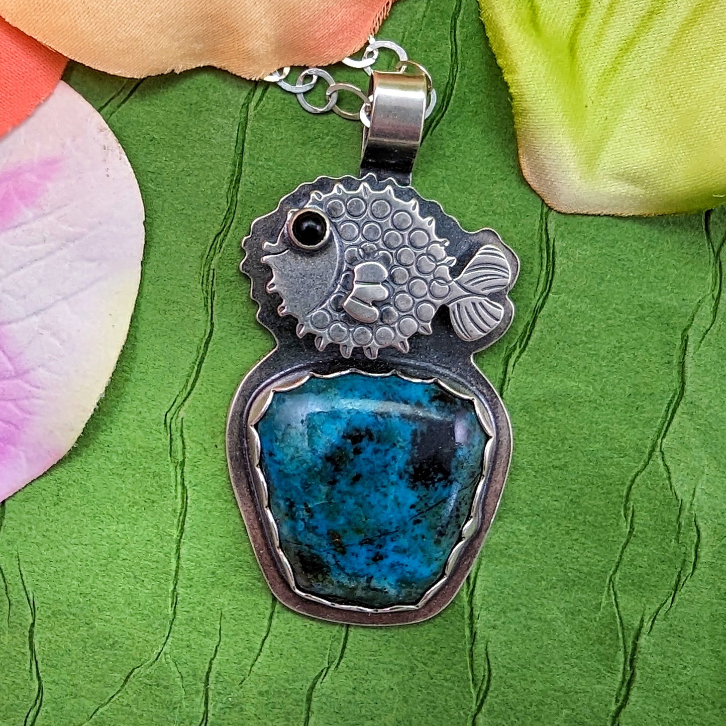 Sterling silver necklace with raised puffer fish and chrysocolla