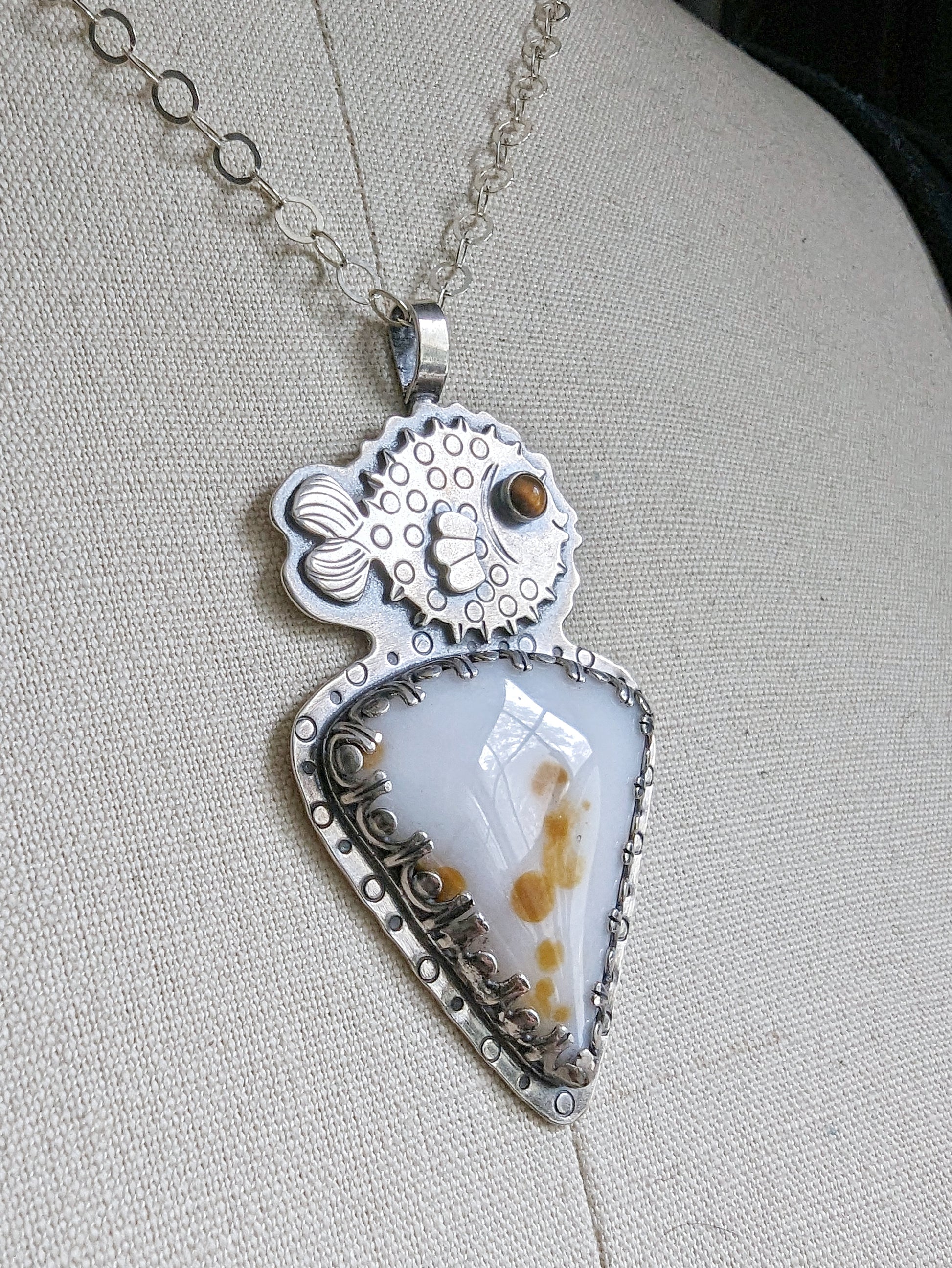 Sterling silver puffer fish necklace with polka dot agate and tigers eye