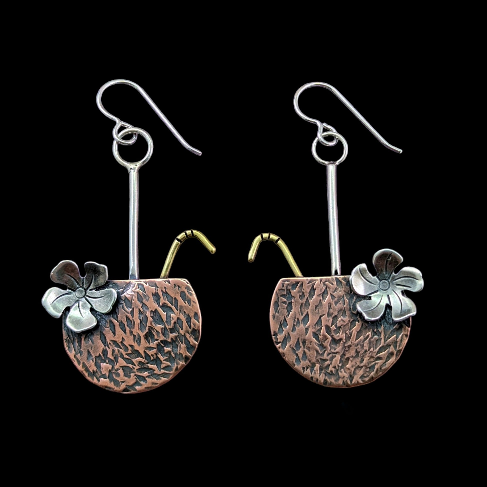 Hammered copper coconut Tiki earrings with sterling silver flower and brass straw