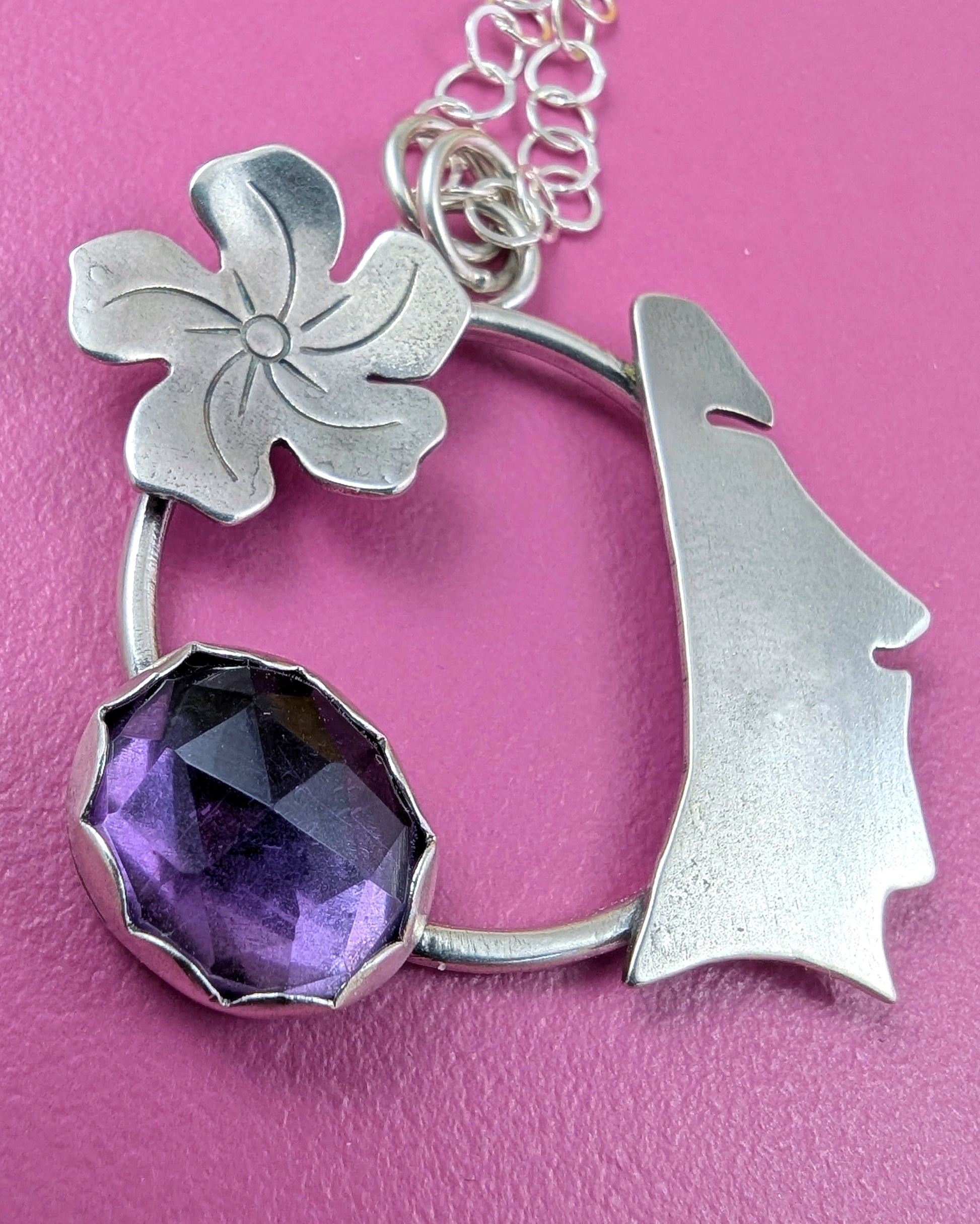 Sterling silver moai pendant with amethyst