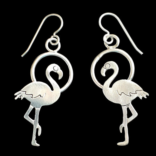 Handmade sterling silver flamingo earrings on circles that are so lightweight!