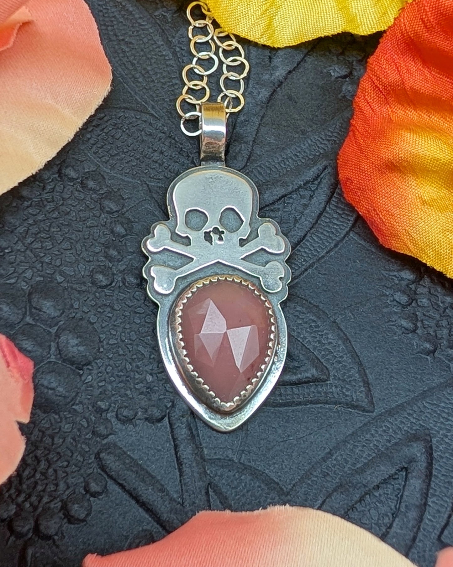 Sterling silver skull with rosecut guava quartz necklace