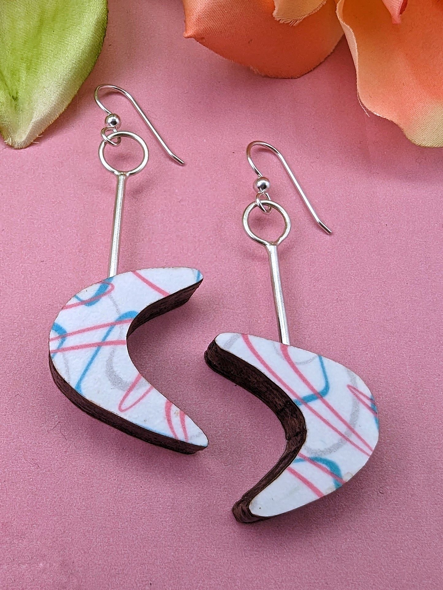 Boomerang Laminate Earrings - Pink/White/Turquoise