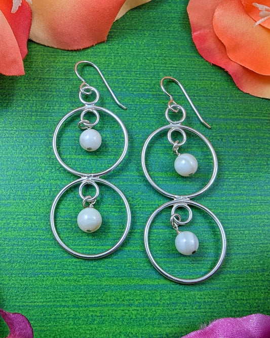 Sterling silver double circle earrings with mother of pearl beads