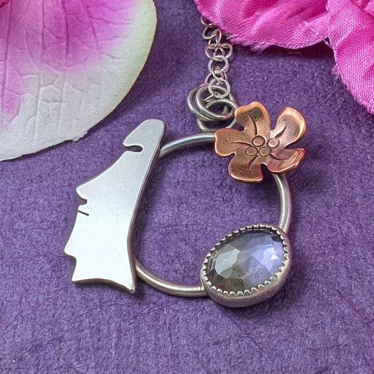Easter Island Moai statue sterling silver and copper necklace with purple and yellow stone