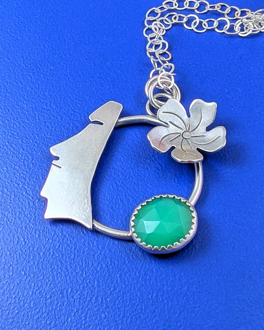 Sterling silver moai head necklace with green chalcedony