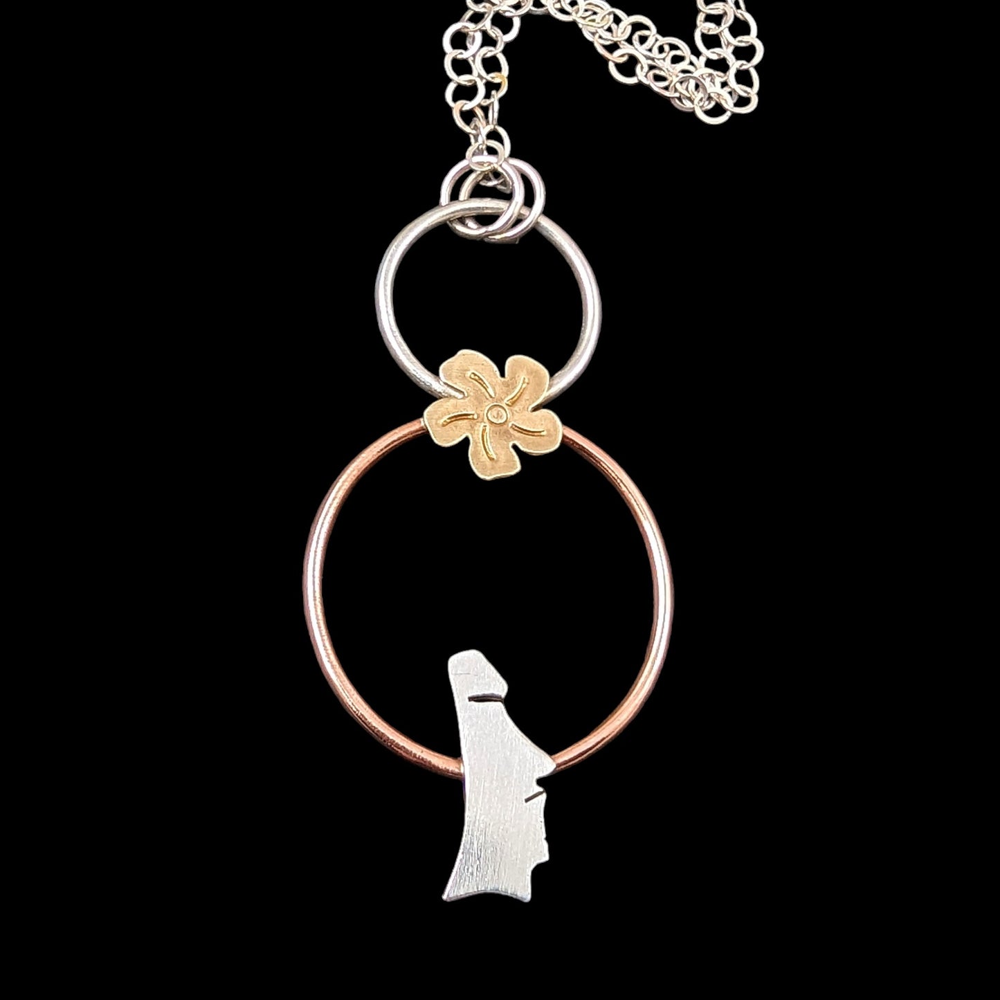 Moai head sterling silver Tiki necklace with silver, copper and brass