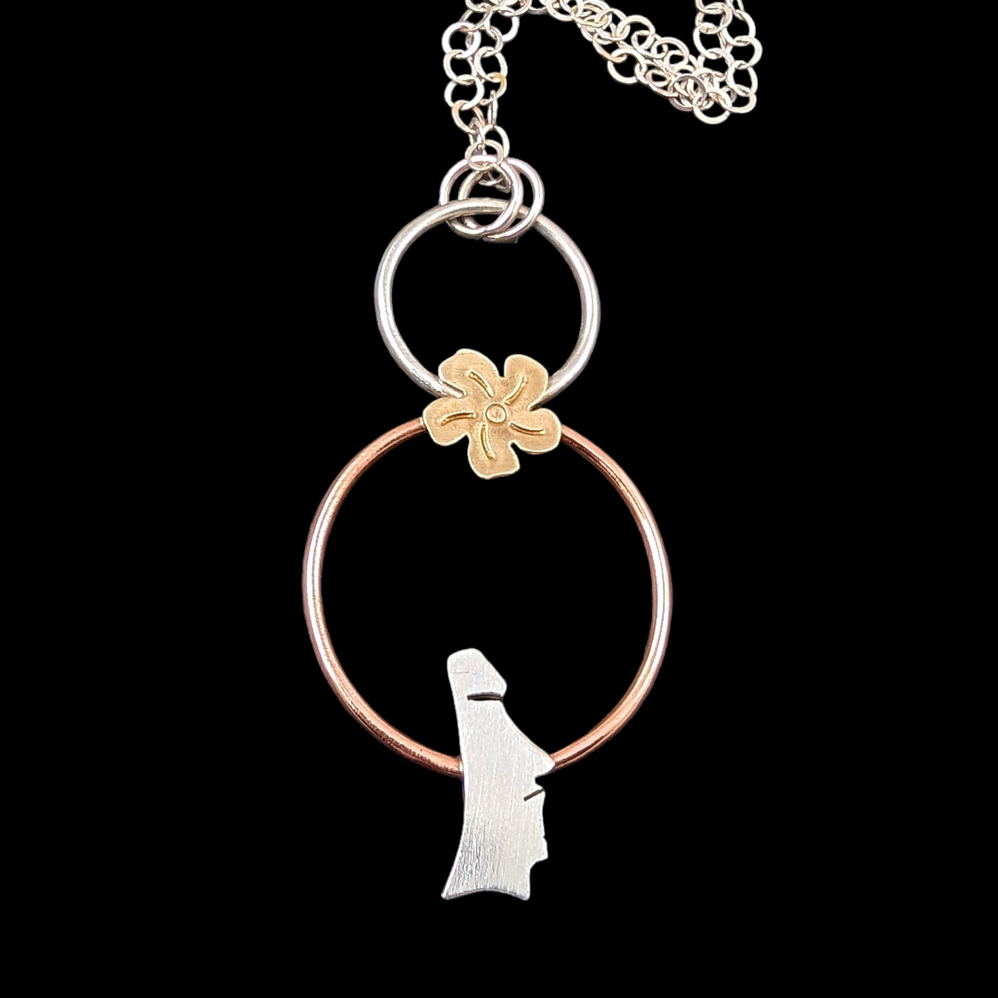 Moai head sterling silver Tiki necklace with silver, copper and brass