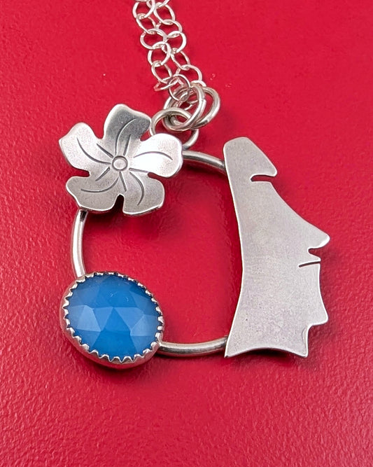 Sterling silver moai head necklace with blue chalcedony