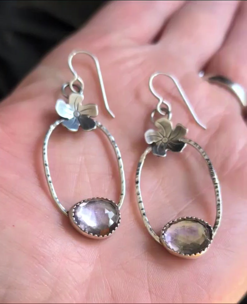 Video of sterling silver flower hoop earrings with ametrine