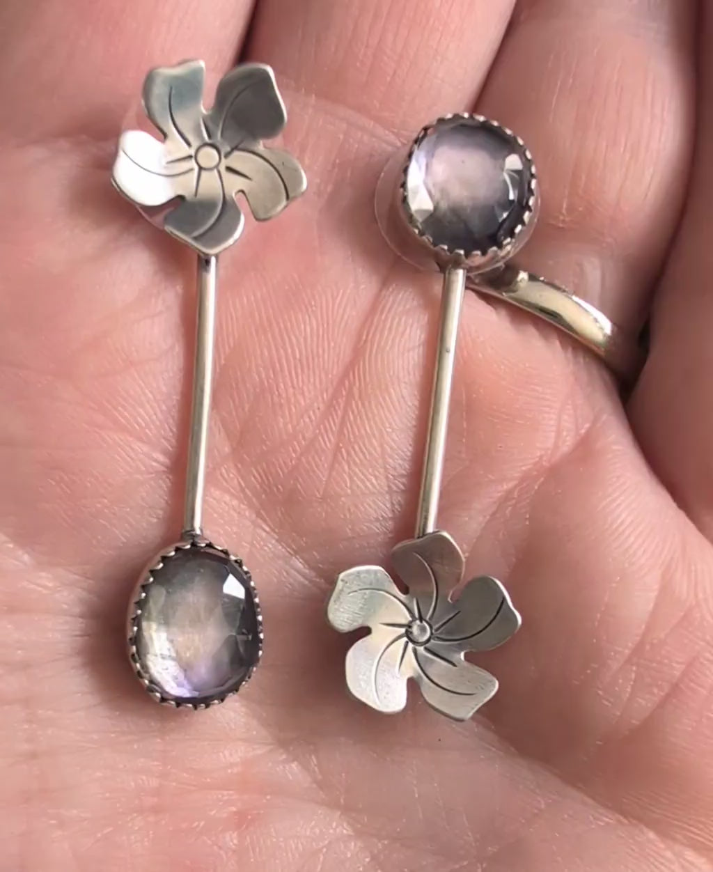Video of Sterling silver flower and purple yellow ametrine drop earrings with posts