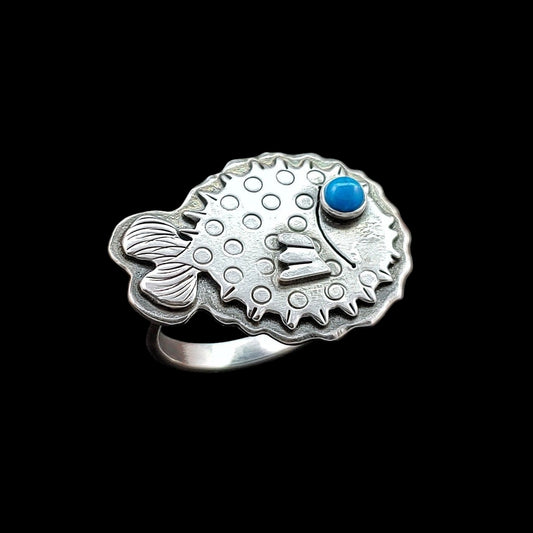 Handmade sterling silver puffer fish ring with gemstone eye