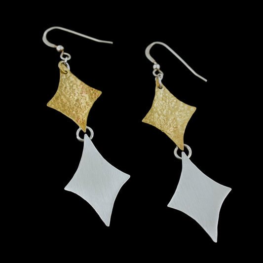 Handmade retro diamonds mid century modern earrings in sterling silver and brass