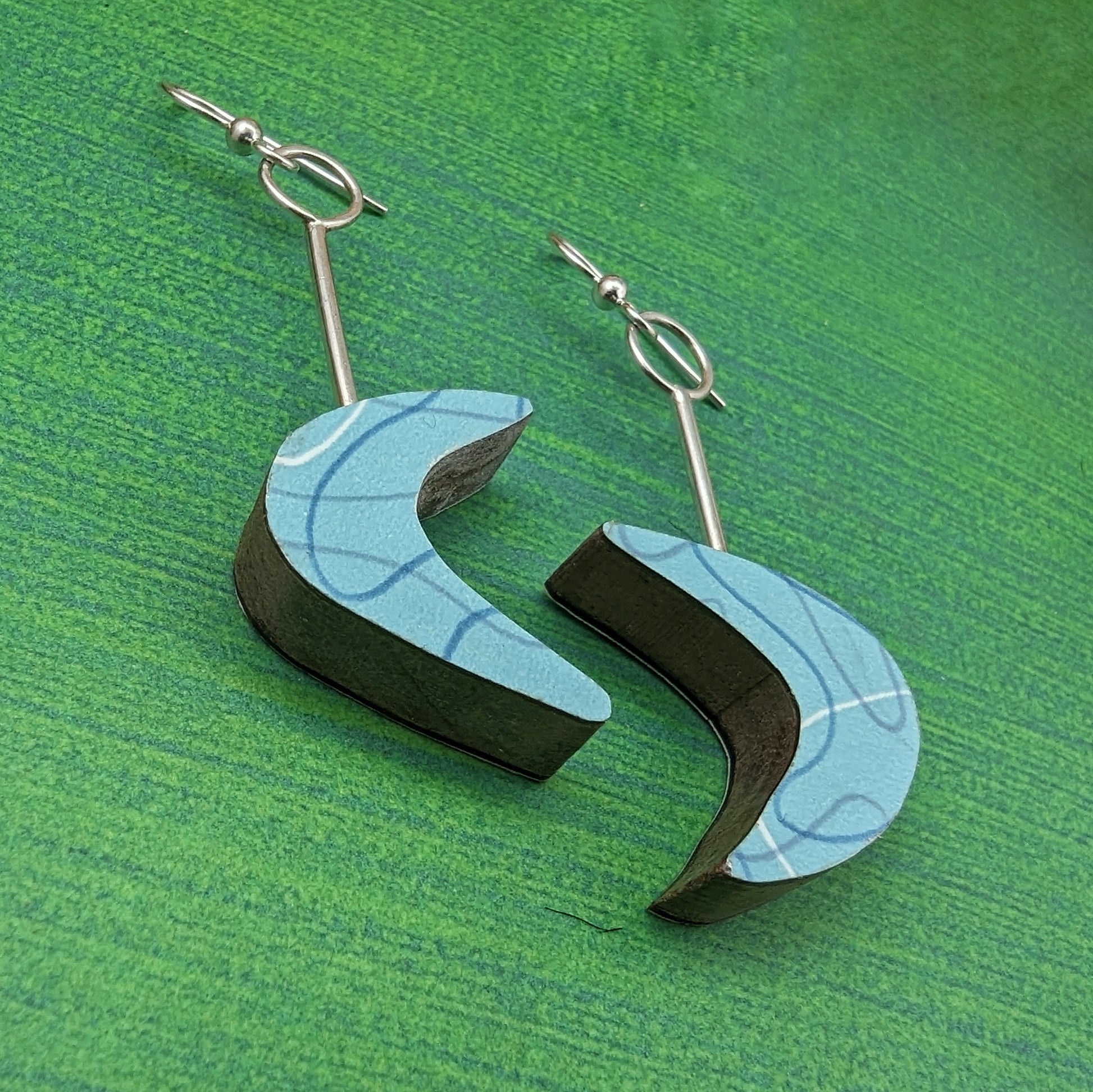 Teal boomerang laminate on wood modernist earrings