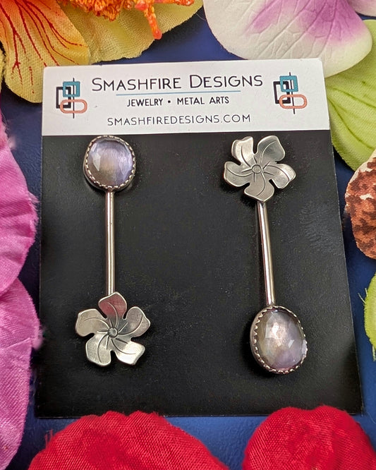 Sterling silver flower and purple yellow ametrine drop earrings with posts