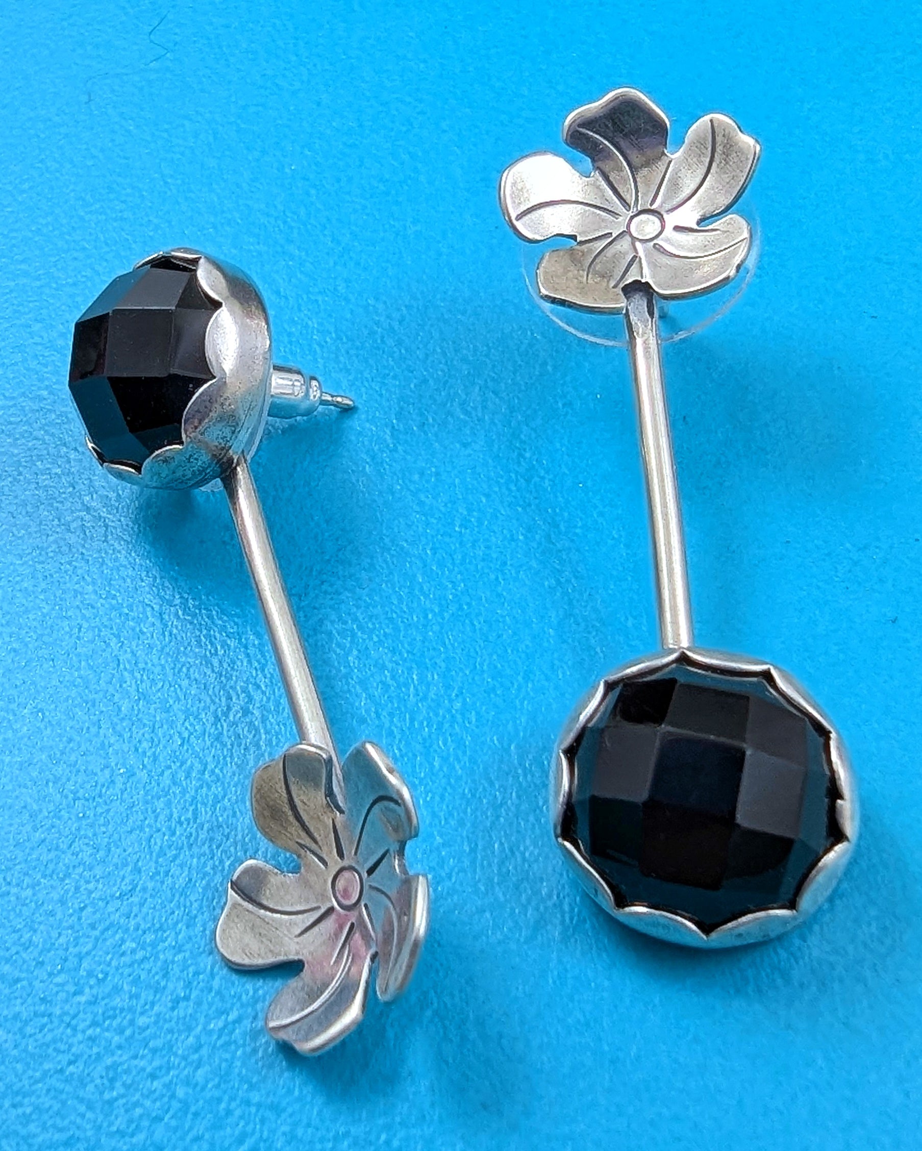 Sterling silver flower earrings with rosecut black onyx