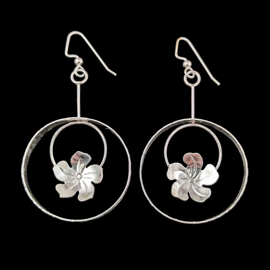 Sterling silver plumeria flower earrings in a circle in a circle