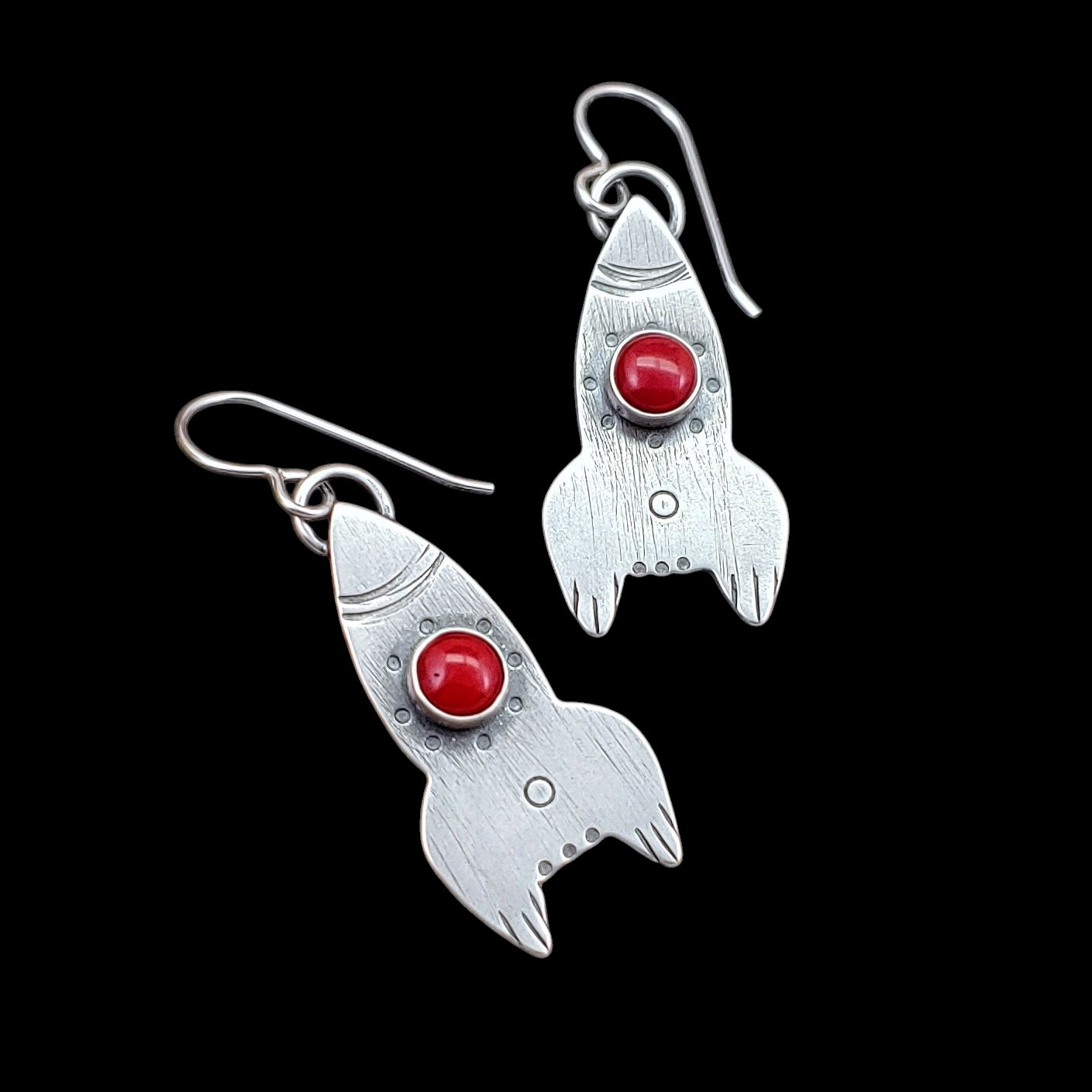 Handmade lightweight sterling silver rocket earrings with red coral stones