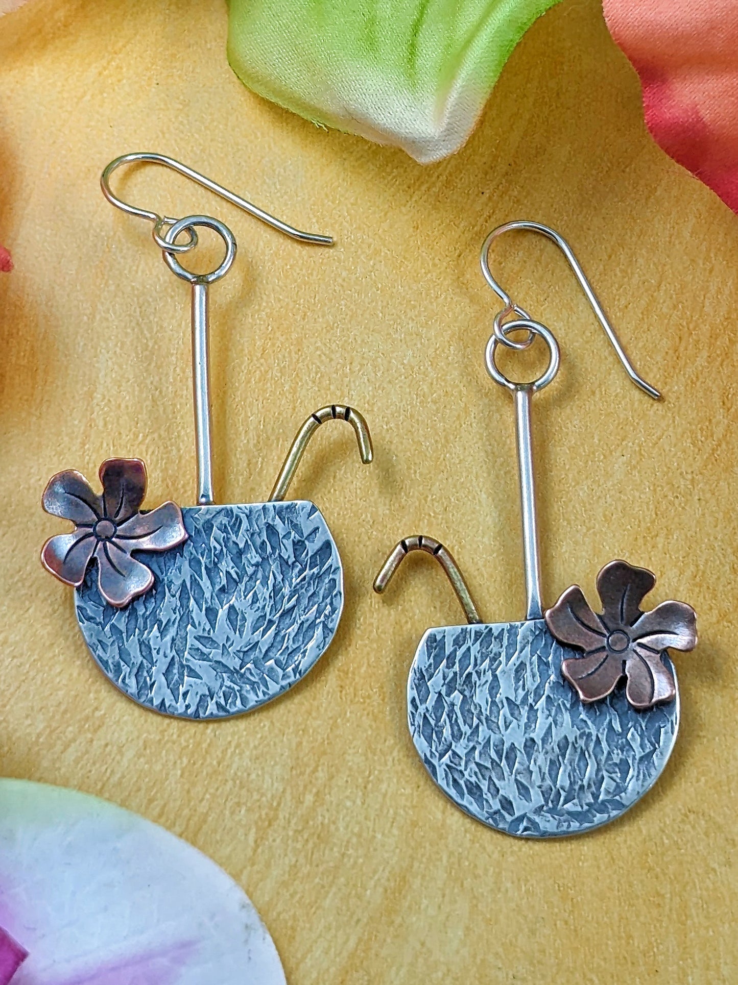 Hammered sterling silver coconut Tiki earrings with copper flower and brass straw