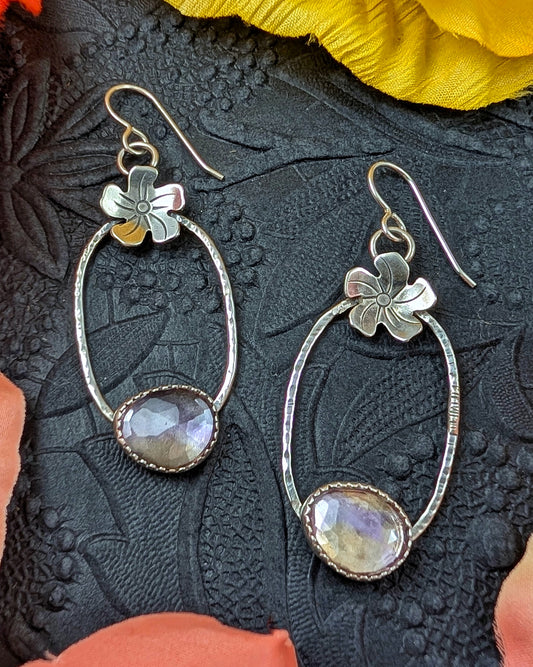 Sterling silver flower hoop earrings with ametrine