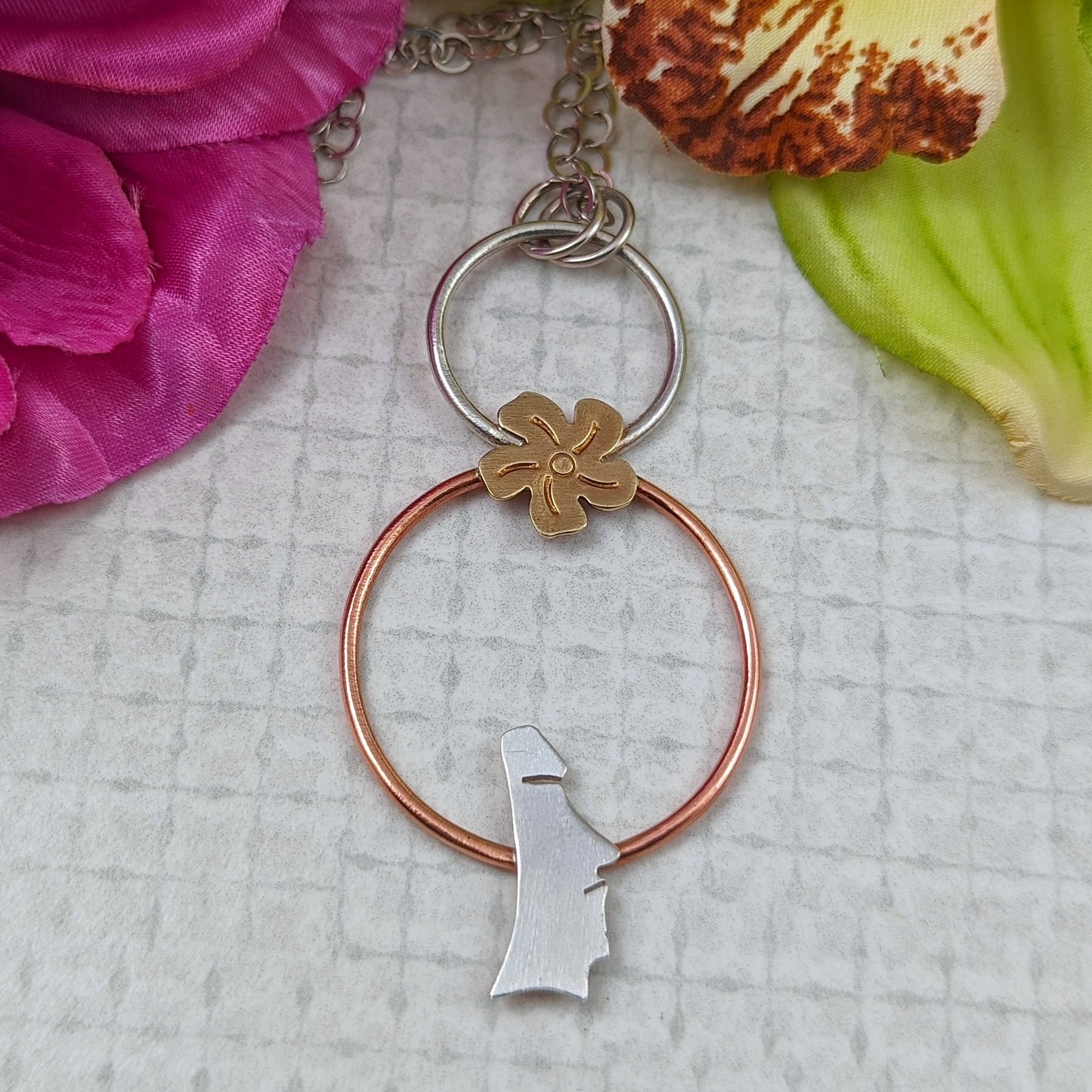 Moai Easter Island head statue sterling silver Tiki necklace with silver, copper and brass