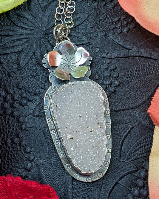 White druzy and flower necklace
