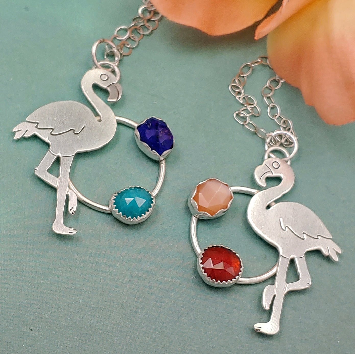 Flamingo with Garnet and Peach Moonstone