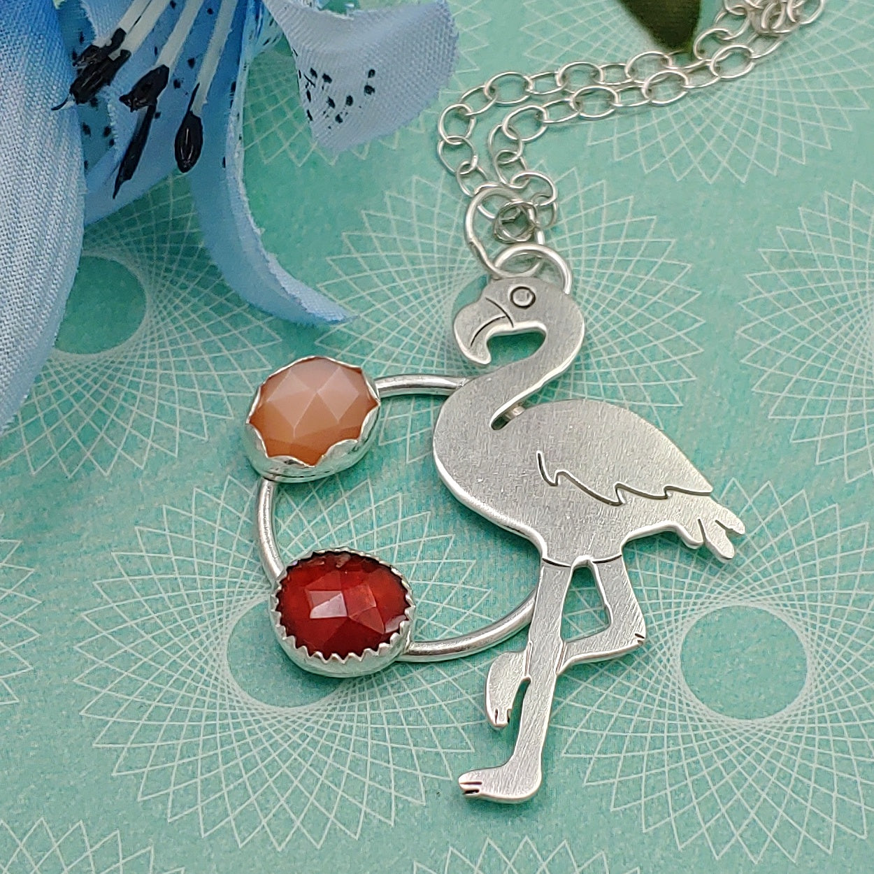 Flamingo with Garnet and Peach Moonstone