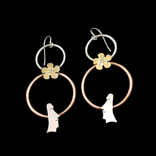 Easter Island Moai handmade sterling silver, copper, and brass earrings