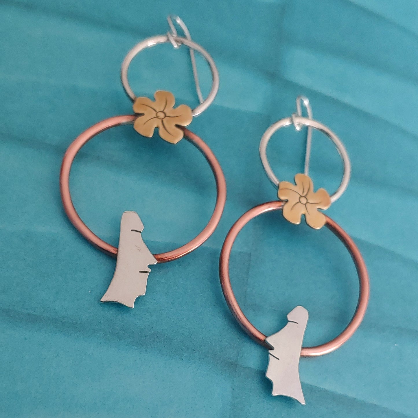 Double Circle Mixed Metals Moai Head Earrings