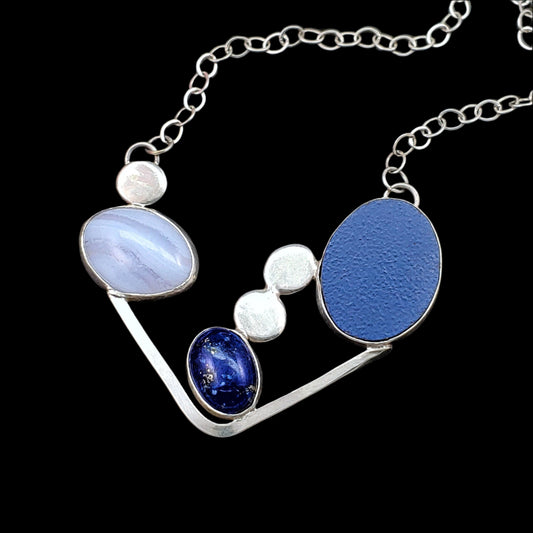 Sterling silver, blue lace agate, boomerang laminate and lapis lazuli sterling silver modernist necklace