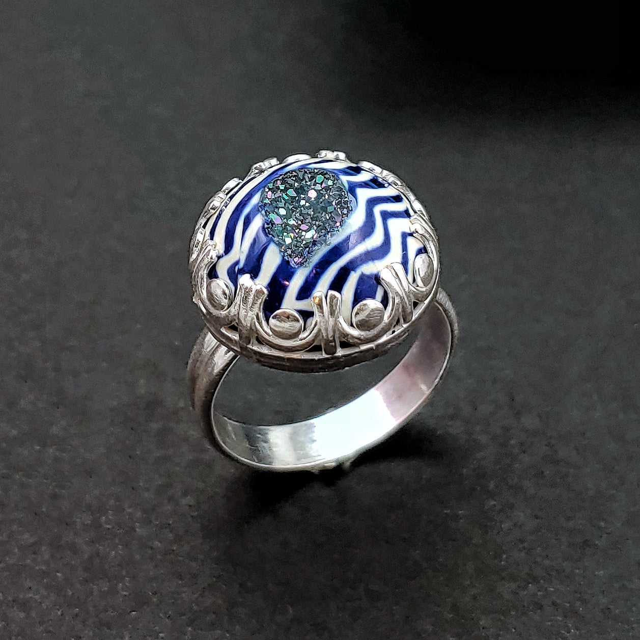 Zebra Stripe Druzy Sterling Silver Ring