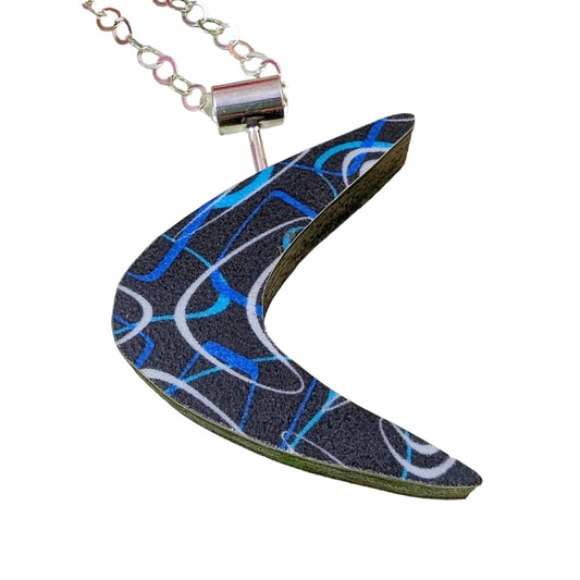 Boomerang Shaped Reversible Laminate Necklace - Black/Blue