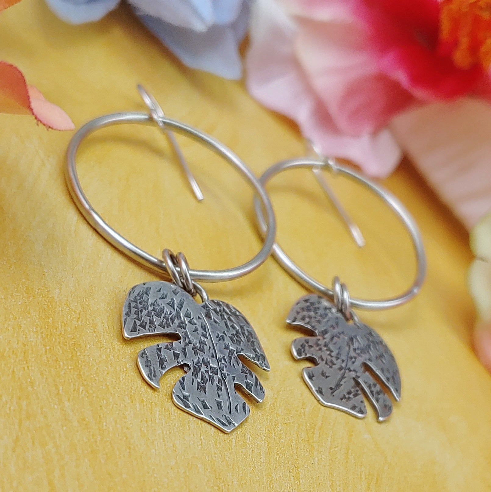 Light monstera Tiki leaf earrings in sterling silver