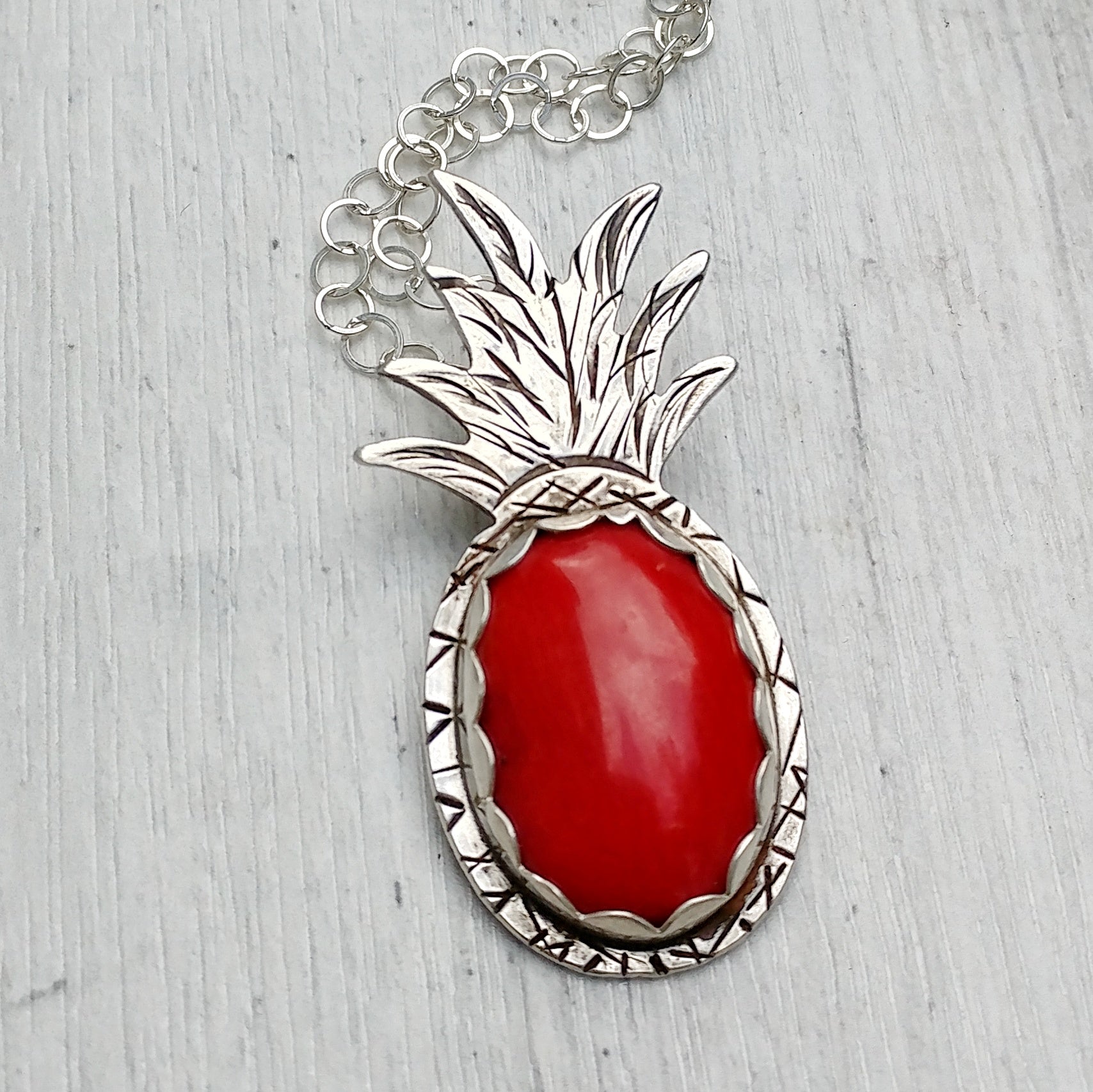 Red coral pineapple handmade from sterling silver perfect to go with all of your Tiki accessories