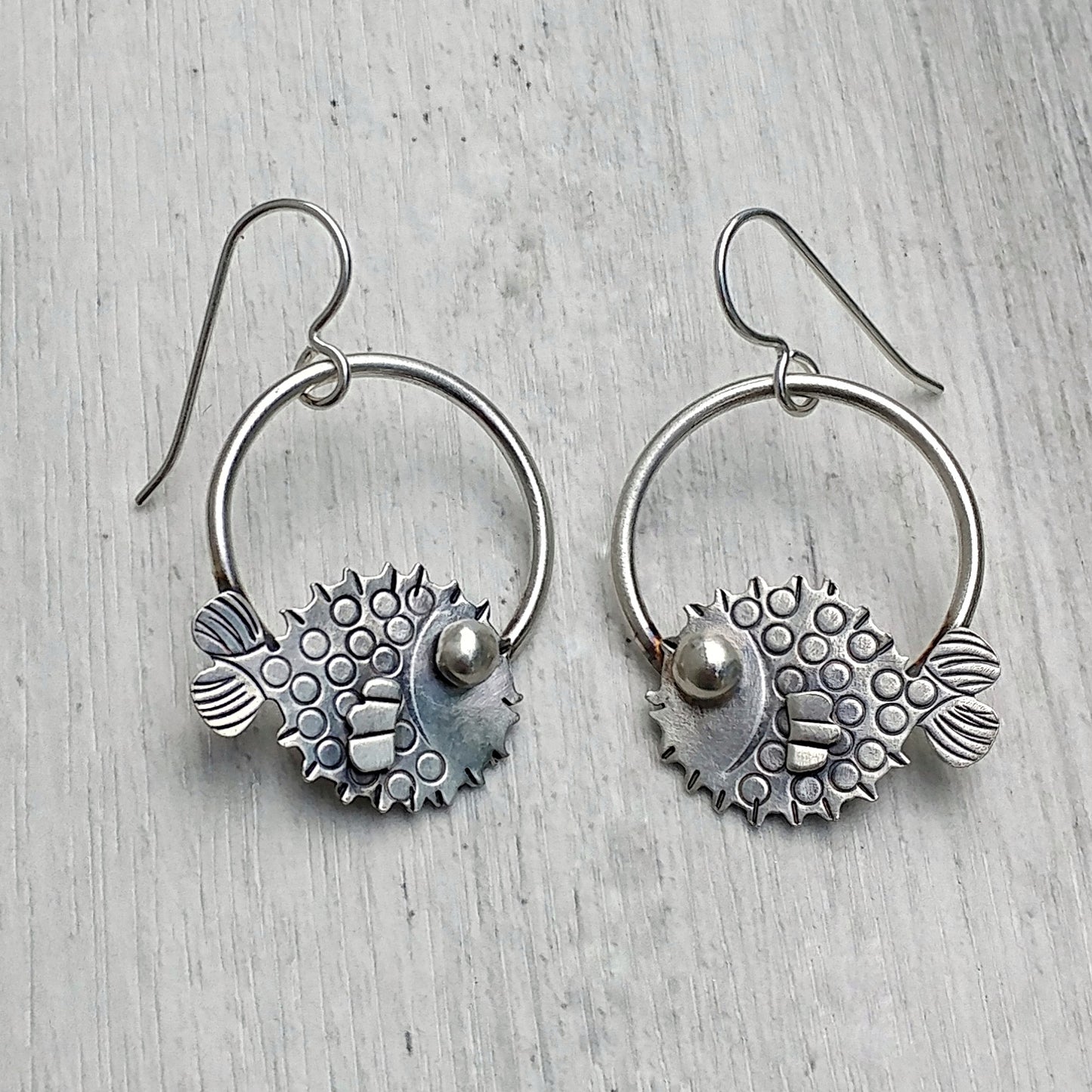 Sterling silver puffer fish earrings