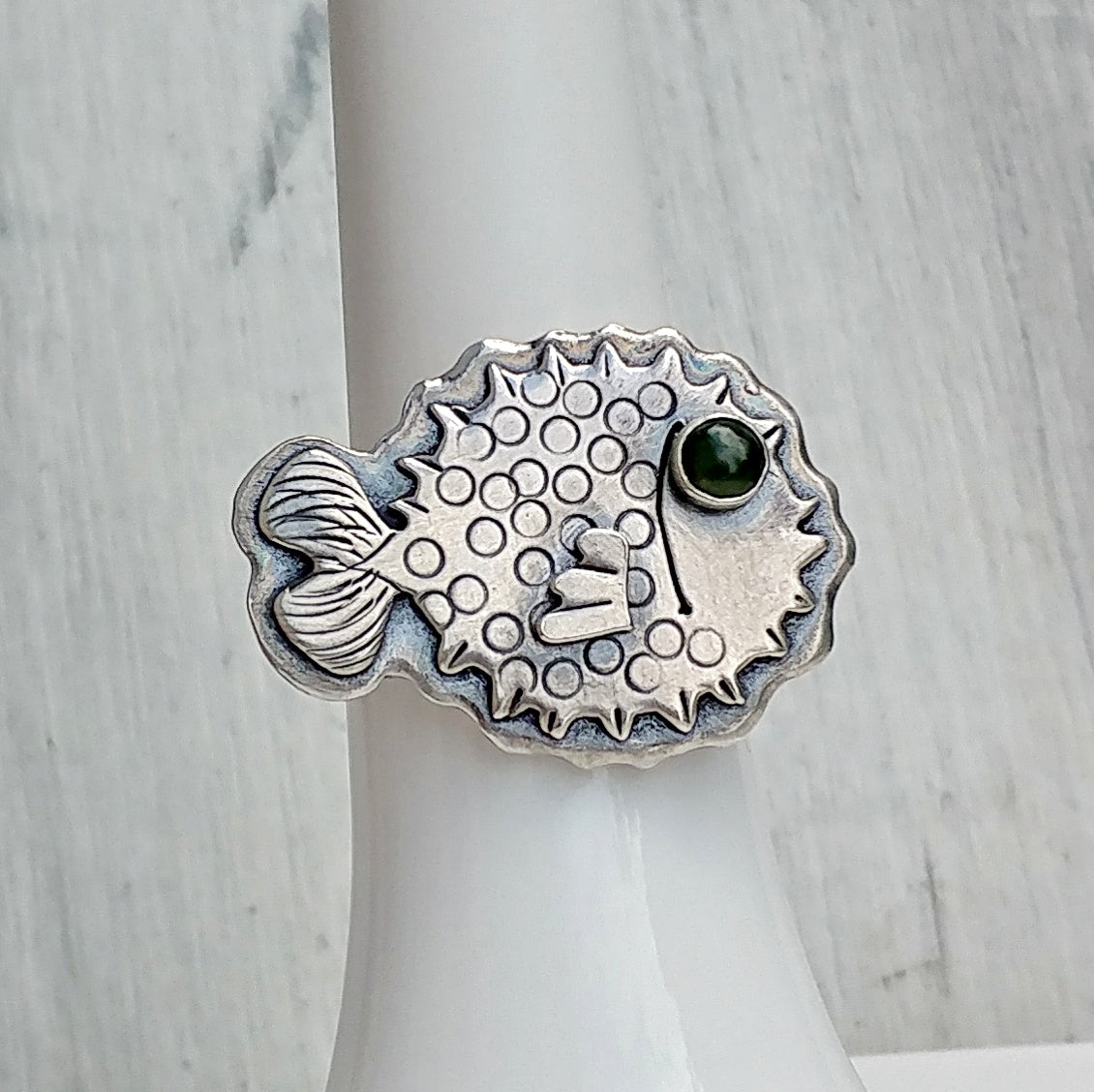 Puffer fish ring in sterling silver with black onyx eye