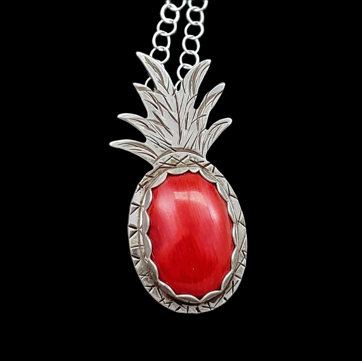 Pineapple necklace handmade in sterling silver with a bright red coral stone perfect for Tiki accessories