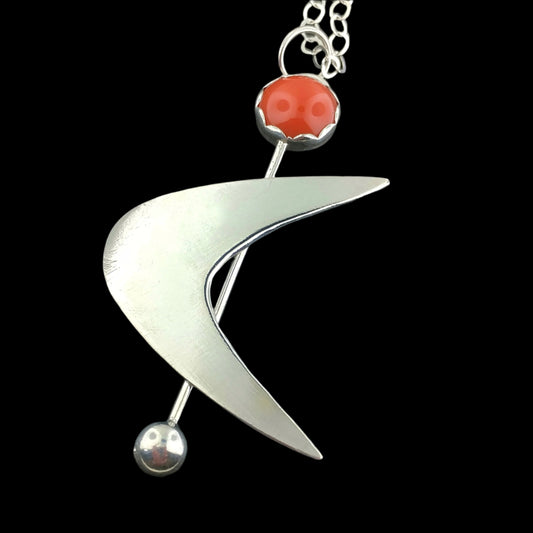 Sterling silver mid century modern inspired boomerang necklace with red glass cabochon