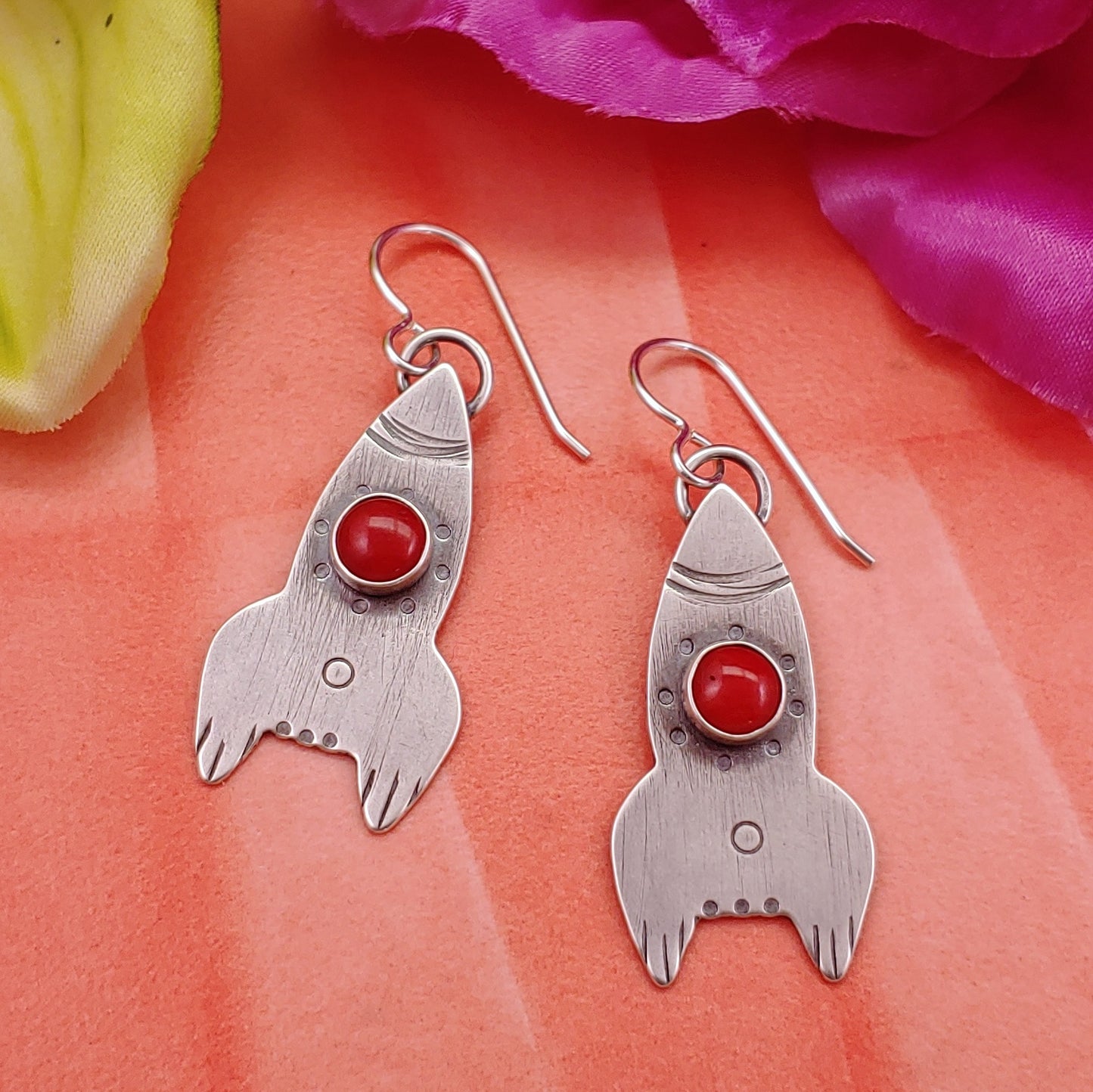 Sterling silver rocketship earrings handmade using red coral cabochons