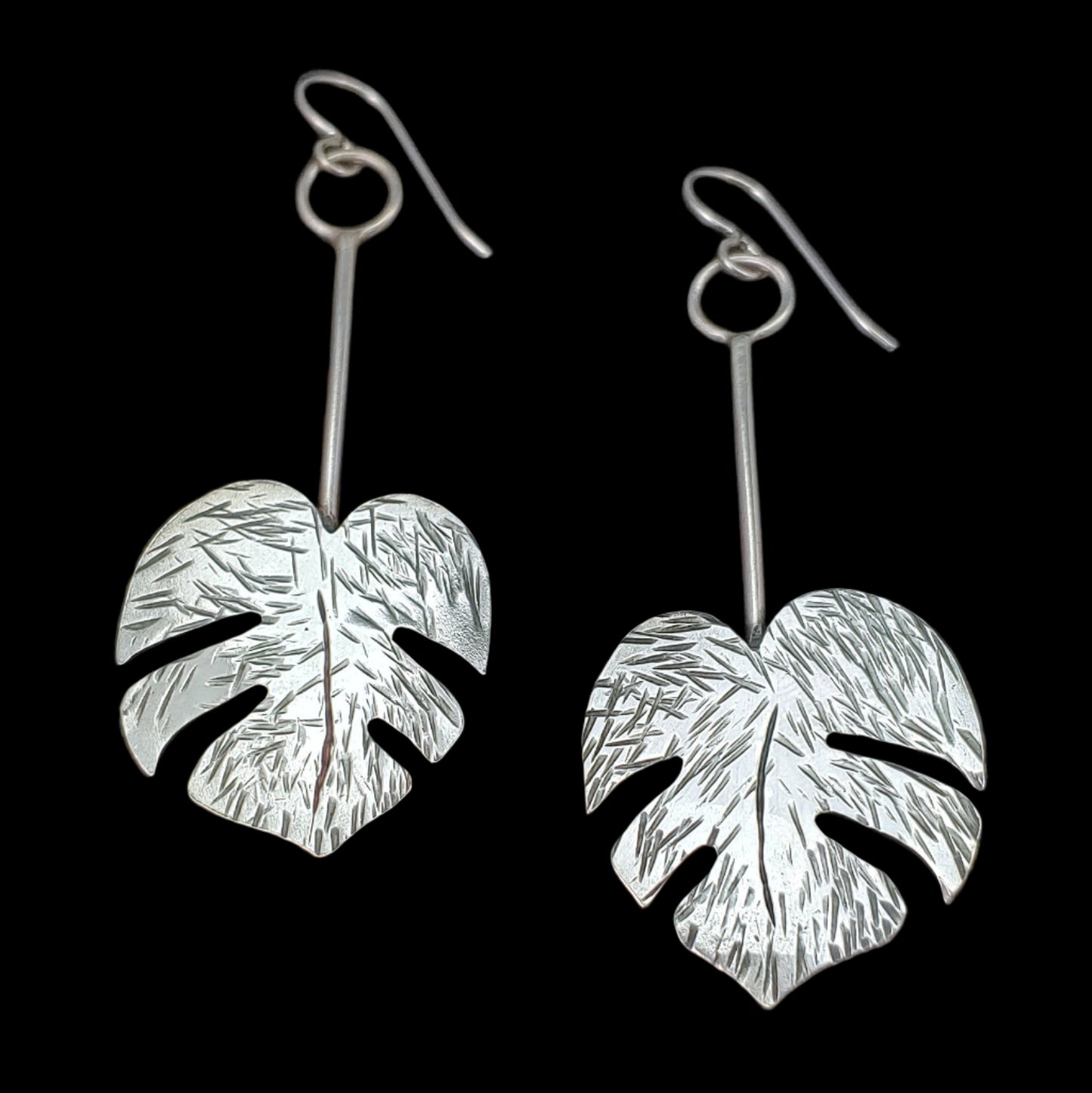 handmade sterling silver monstera leaf  lightweight Tiki earrings