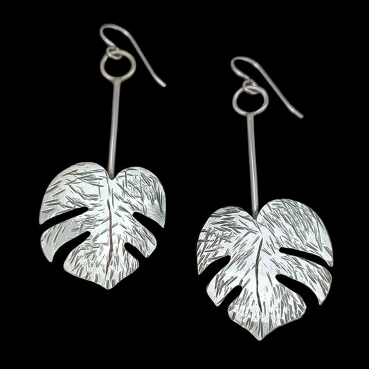 handmade sterling silver monstera leaf  lightweight Tiki earrings