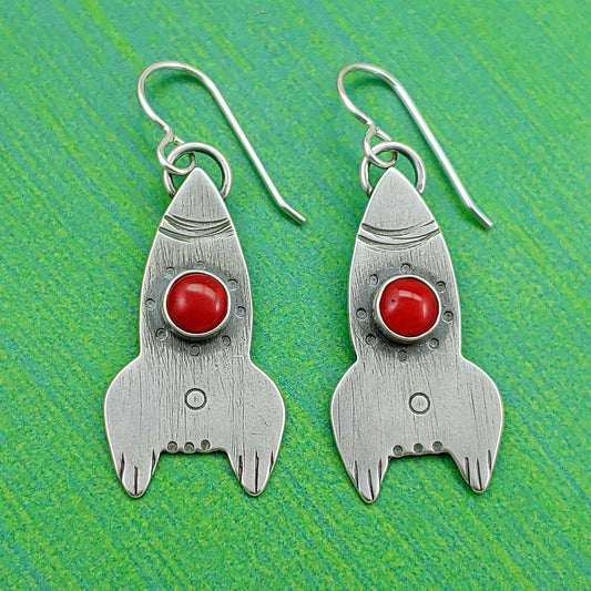 Handmade sterling silver rocket ship earrings with red stones