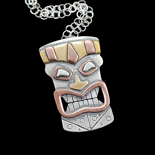 Tiki head mask necklace handmade in sterling silver, copper and brass perfect for mens' tiki jewelry