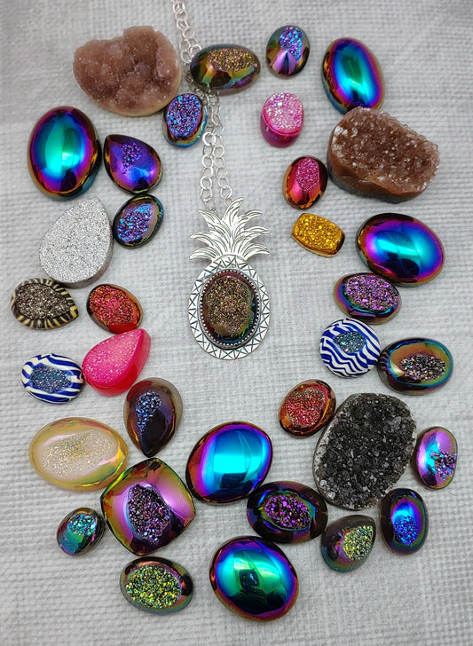 druzy pineapple necklace surrounded by sparky druzy cabochons